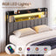 Artiss Queen Headboard Charging Station Storage LED Light Grey Upholstered