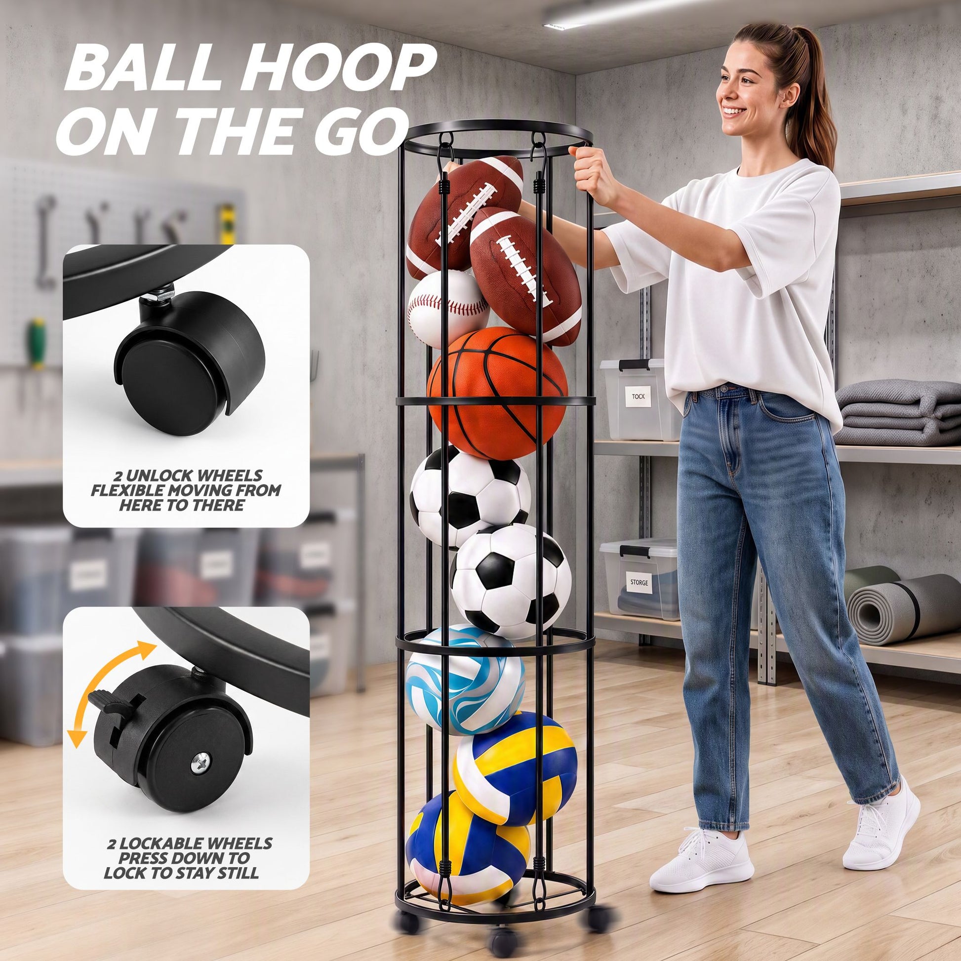 Everfit Vertical Ball Storage Rack with Wheels Sports Equipment Organiser
