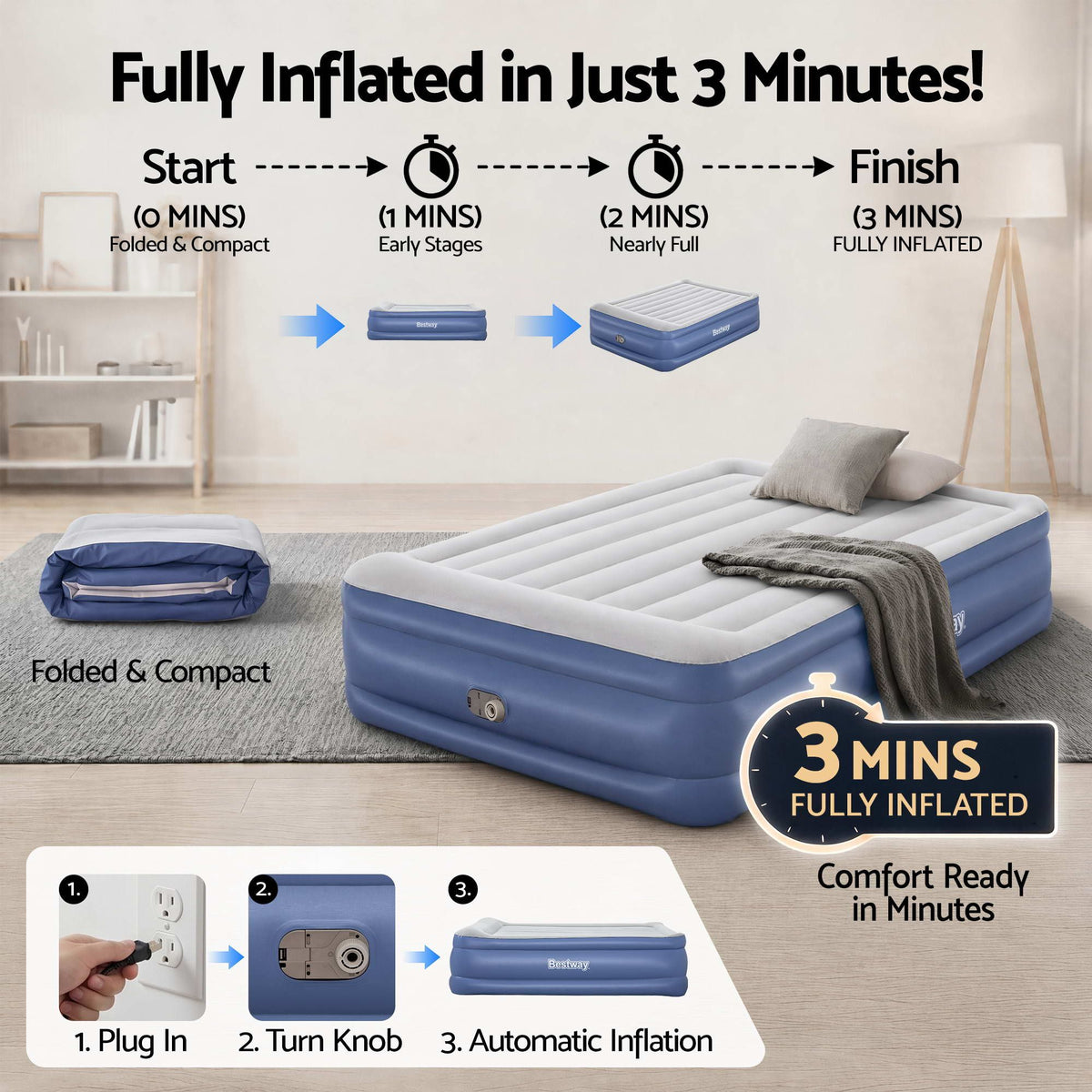 Bestway Queen Air Mattress with Built-in Pump Tritech Inflatable Bed 56cm