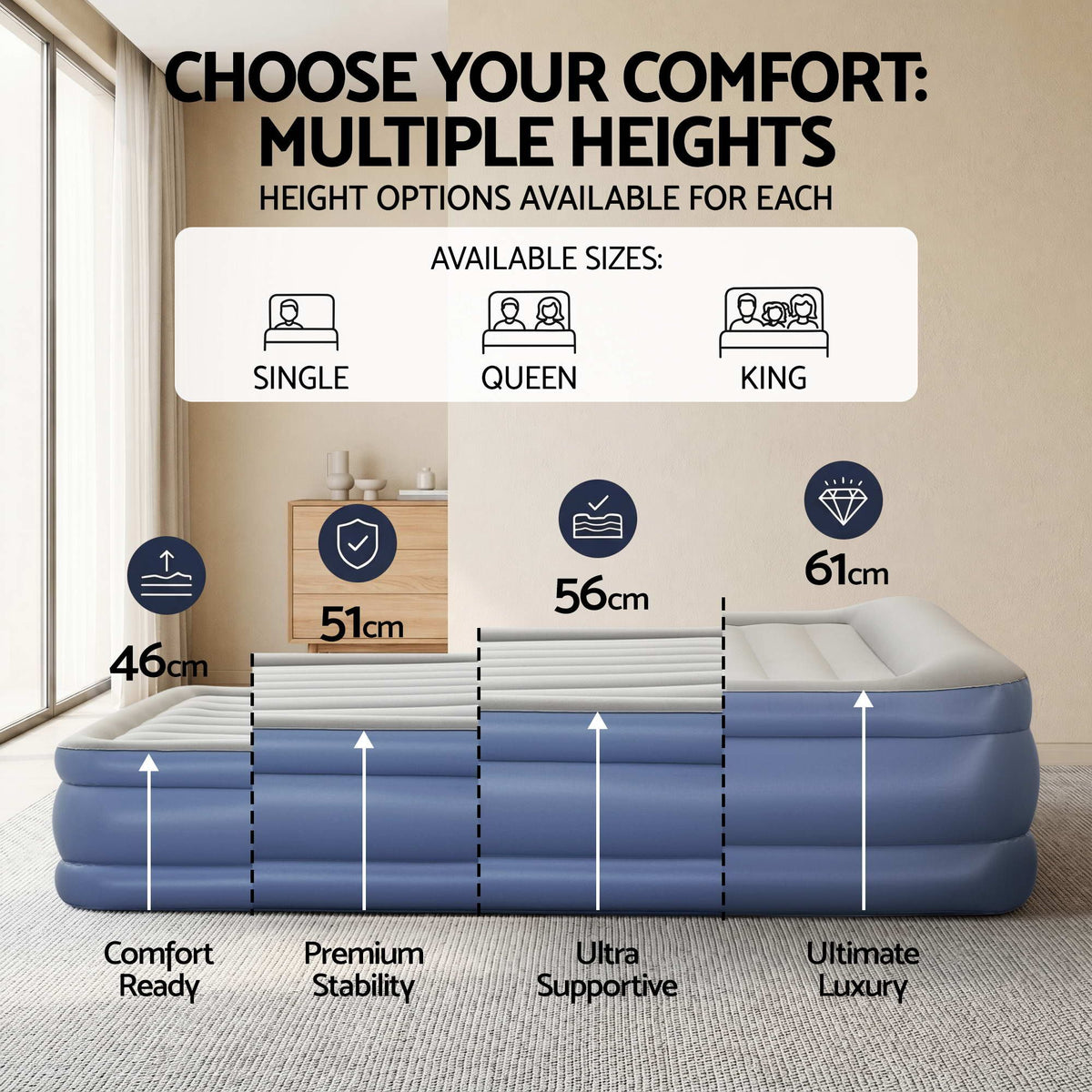 Bestway Queen Air Mattress with Built-in Pump Tritech Inflatable Bed 56cm
