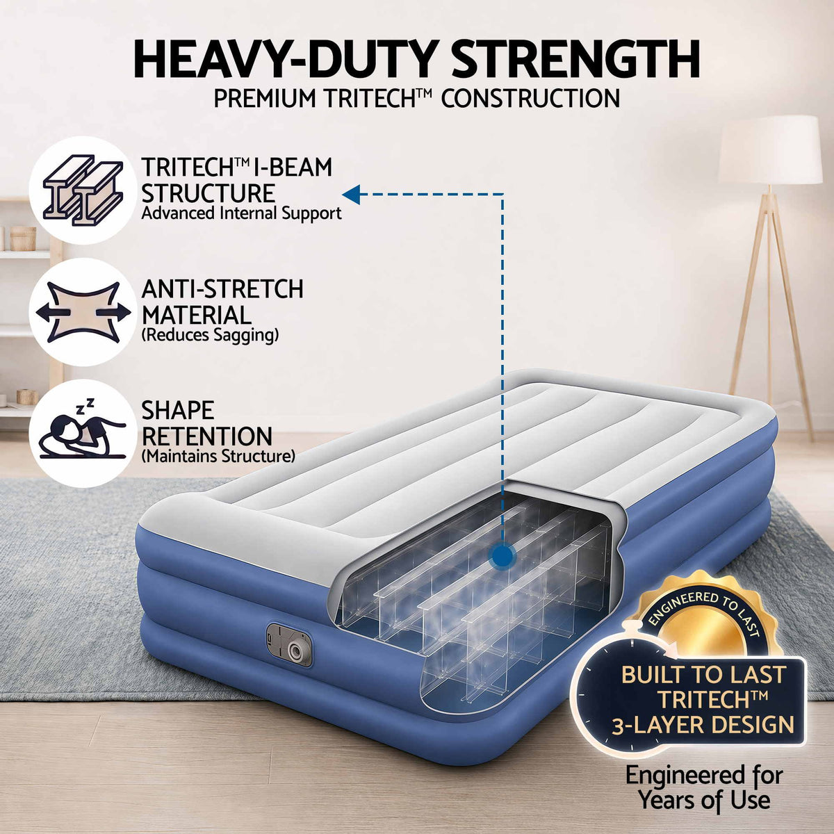Bestway Single Air Mattress with Built-in Pump Tritech Inflatable Bed 46cm