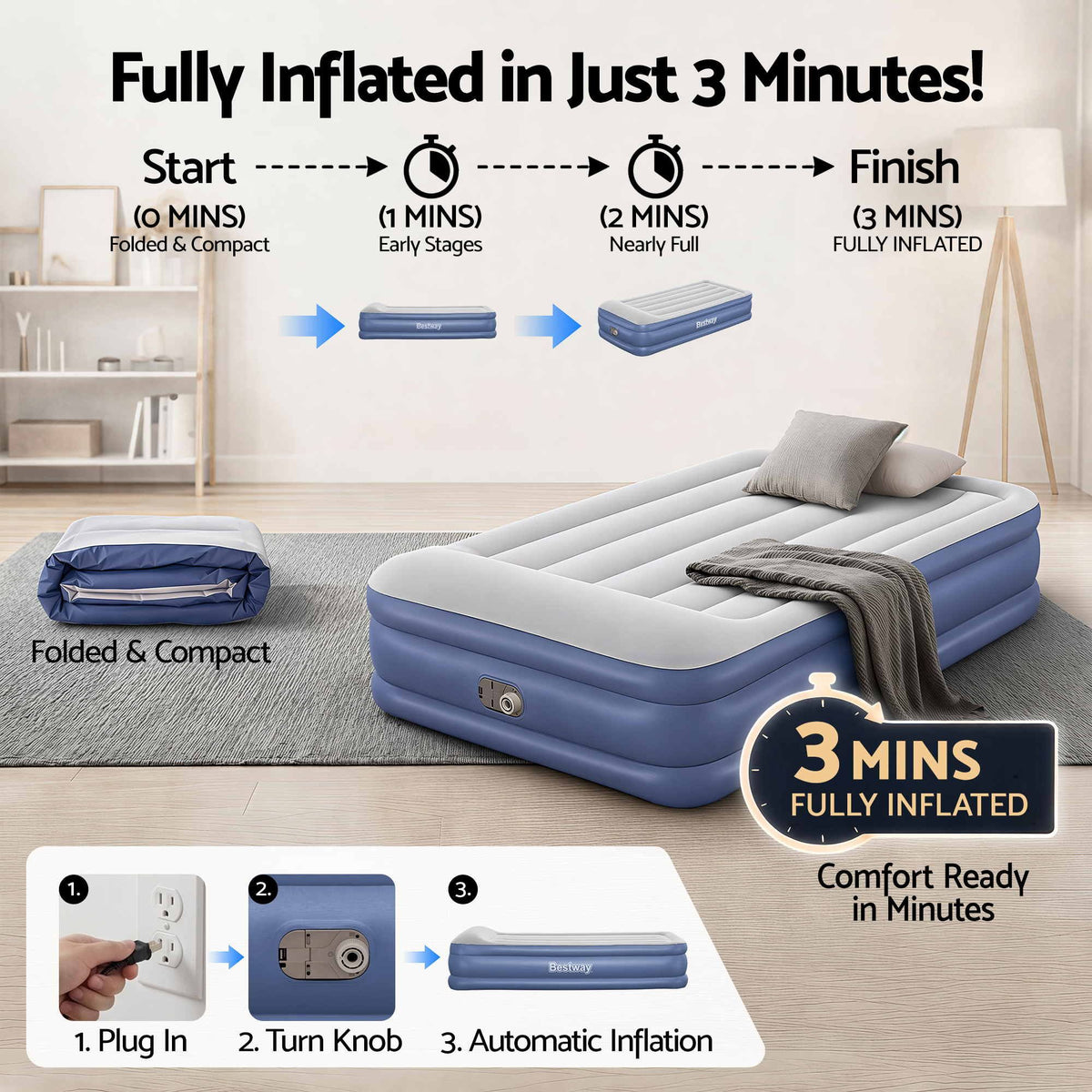 Bestway Single Air Mattress with Built-in Pump Tritech Inflatable Bed 46cm