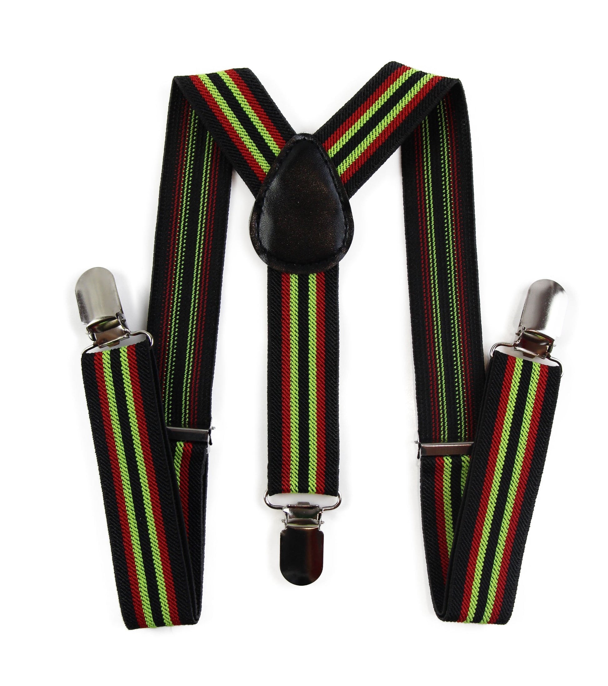 Boys Adjustable Black, Red & Lime Green Striped Patterned Suspenders