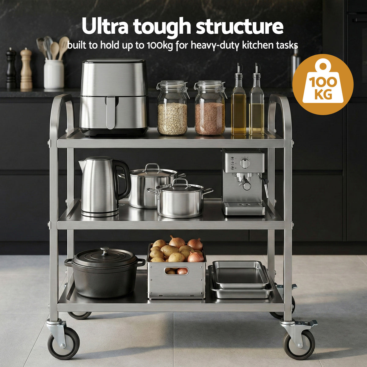 Cefito 3-Tier Stainless Steel Kitchen Trolley with Wheels 89X50X83cm