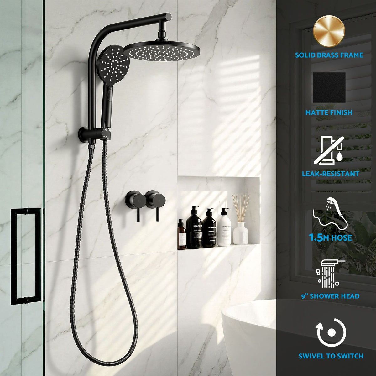 Cefito 9'' Rain Shower Head Set Handheld Round High Pressure Twins Tap Chrome