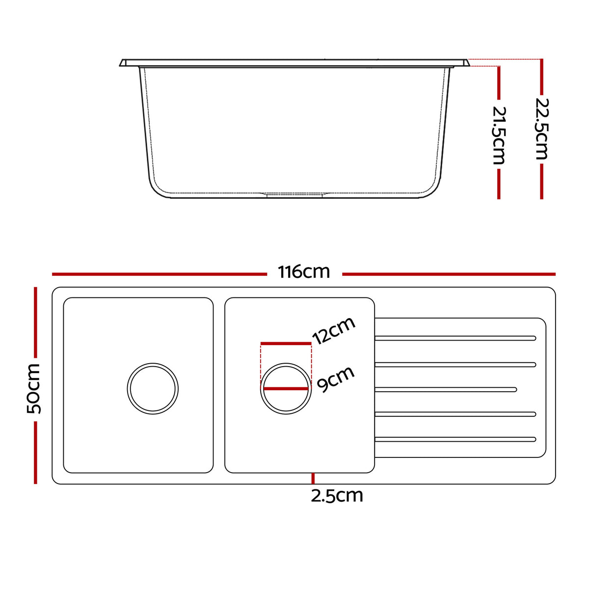 Cefito Kitchen Sink 116x50cm Granite Stone Sink Double Bowl Black