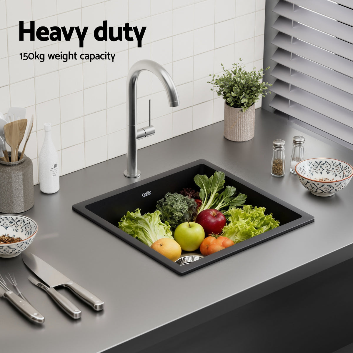 Cefito Kitchen Sink 45x45cm Granite Stone Sink Single Bowl Black