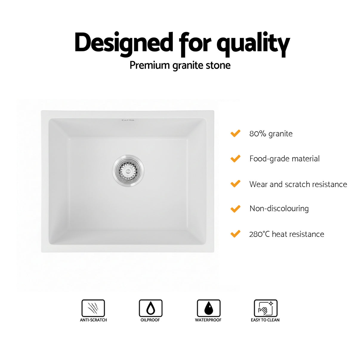 Cefito Kitchen Sink 55x45cm Granite Stone Sink Single Bowl White