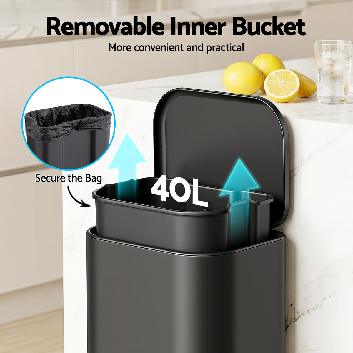 Cefito Kitchen Trash Can 40L Pedal Bins Rubbish Bin Steel with Soft Close Lid, Removable Inner Bucket, Rectangular Garbage Can Recycling Bin, Black