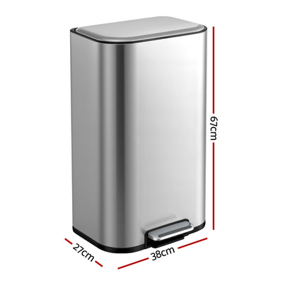 Cefito Kitchen Trash Can 40L Pedal Bins Rubbish Bin Steel with Soft Close Lid, Removable Inner Bucket, Rectangular Garbage Can Recycling Bin, Silver