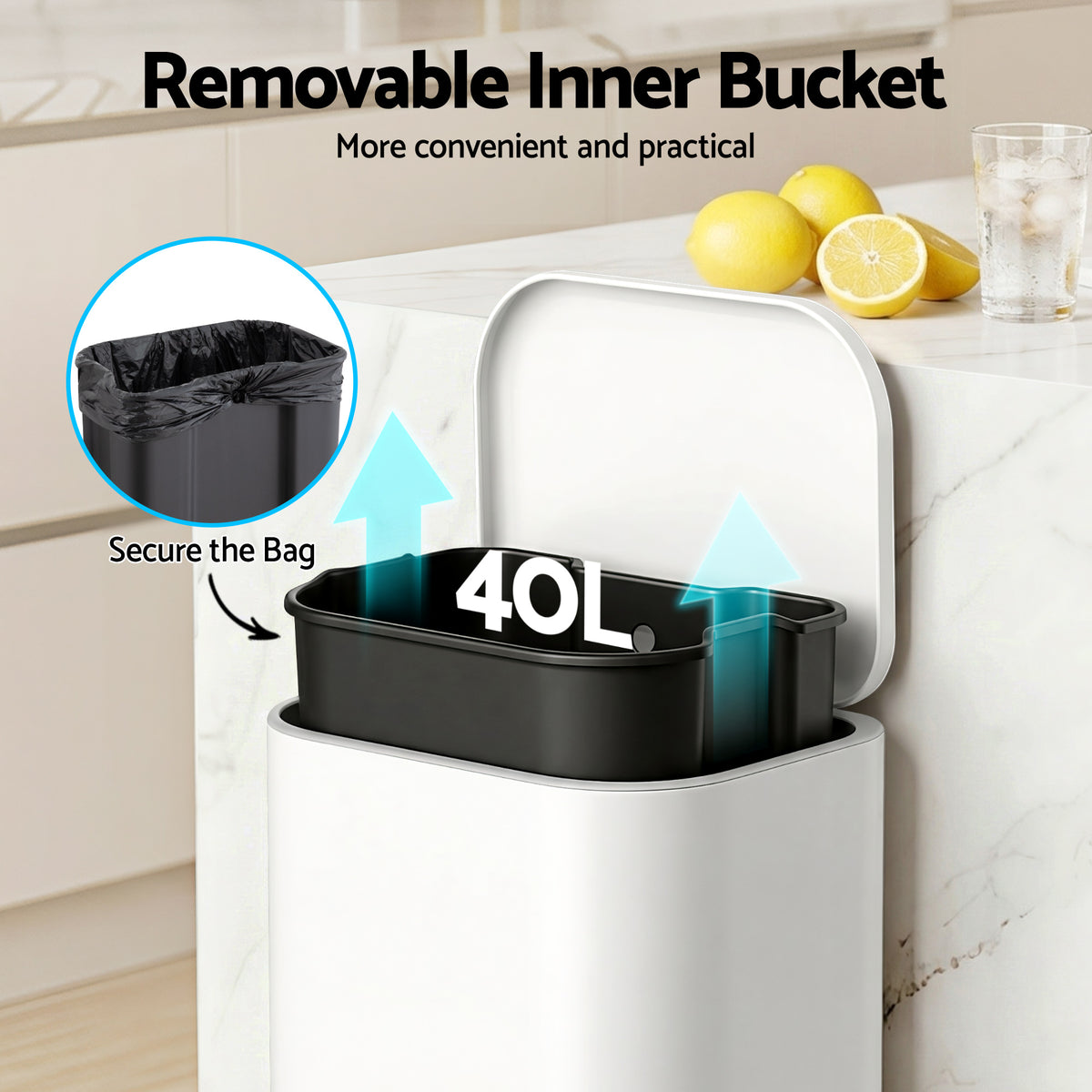 Cefito Kitchen Trash Can 40L Pedal Bins Rubbish Bin Steel with Soft Close Lid, Removable Inner Bucket, Rectangular Garbage Can Recycling Bin, White