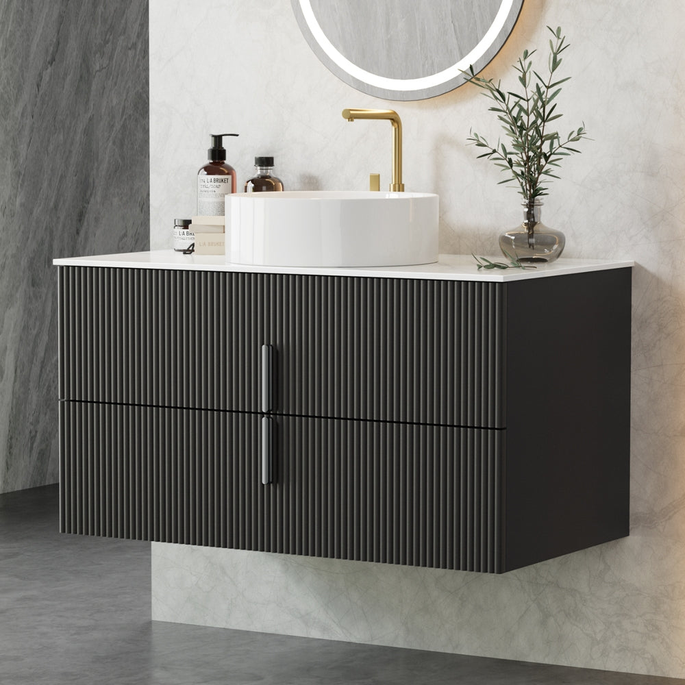Cefito Vanity Unit 900mm Bathroom Cabinet Storage Wall Hung Black Timber Front