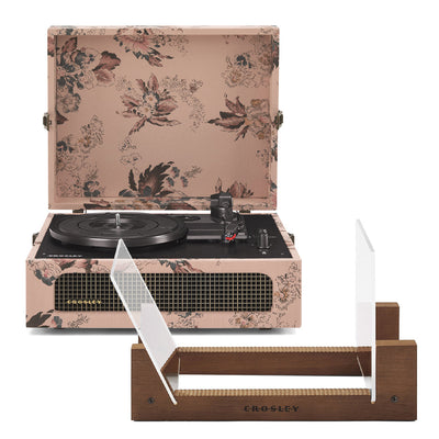 Crosley Voyager Bluetooth Portable Turntable - Floral + Bundled Crosley Record Storage Display Stand