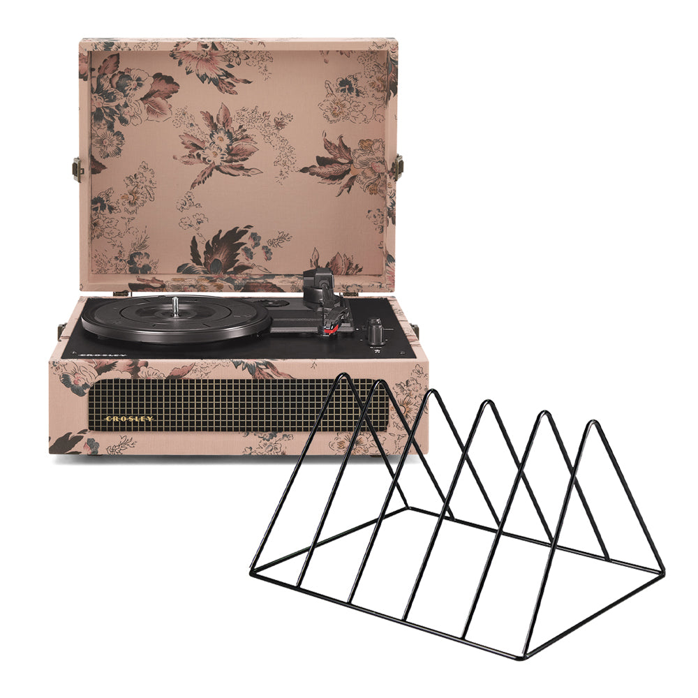 Crosley Voyager Bluetooth Portable Turntable - Floral + Gadhouse Vinyl Rack Bundle - Black