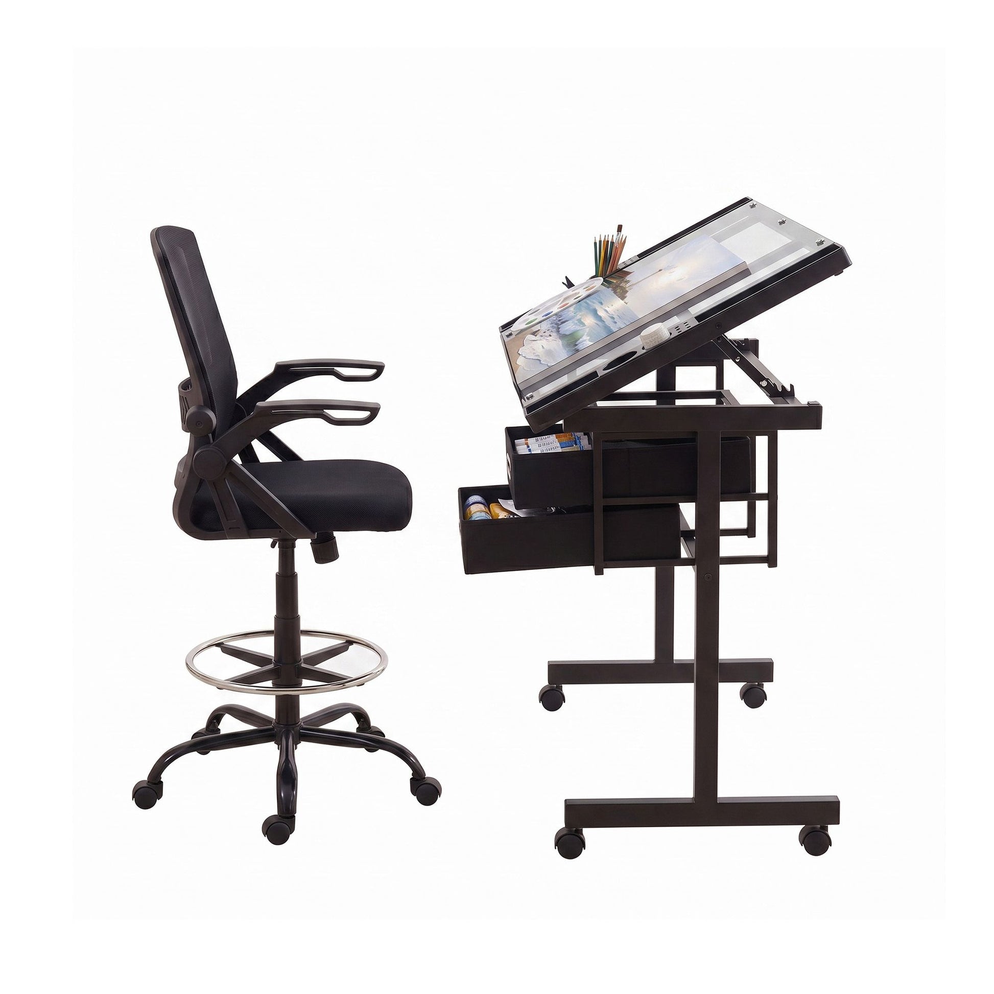 Artiss Drawing Table with Ergonomic Office Chair, Drafting Tables with Tempered Glass Desktop, Removable Drawers, Drafting Stool with Height Adjustable for Artwork Painting Studio