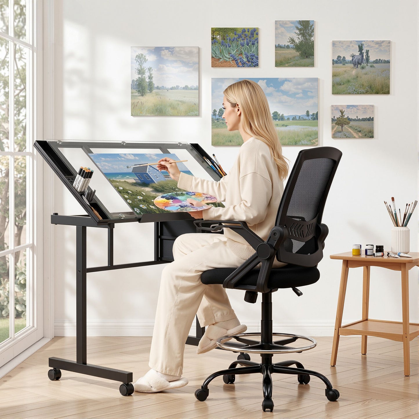 Artiss Drawing Table with Ergonomic Office Chair, Drafting Tables with Tempered Glass Desktop, Removable Drawers, Drafting Stool with Height Adjustable for Artwork Painting Studio