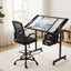 Artiss Drawing Table with Ergonomic Office Chair, Drafting Tables with Tempered Glass Desktop, Removable Drawers, Drafting Stool with Height Adjustable for Artwork Painting Studio