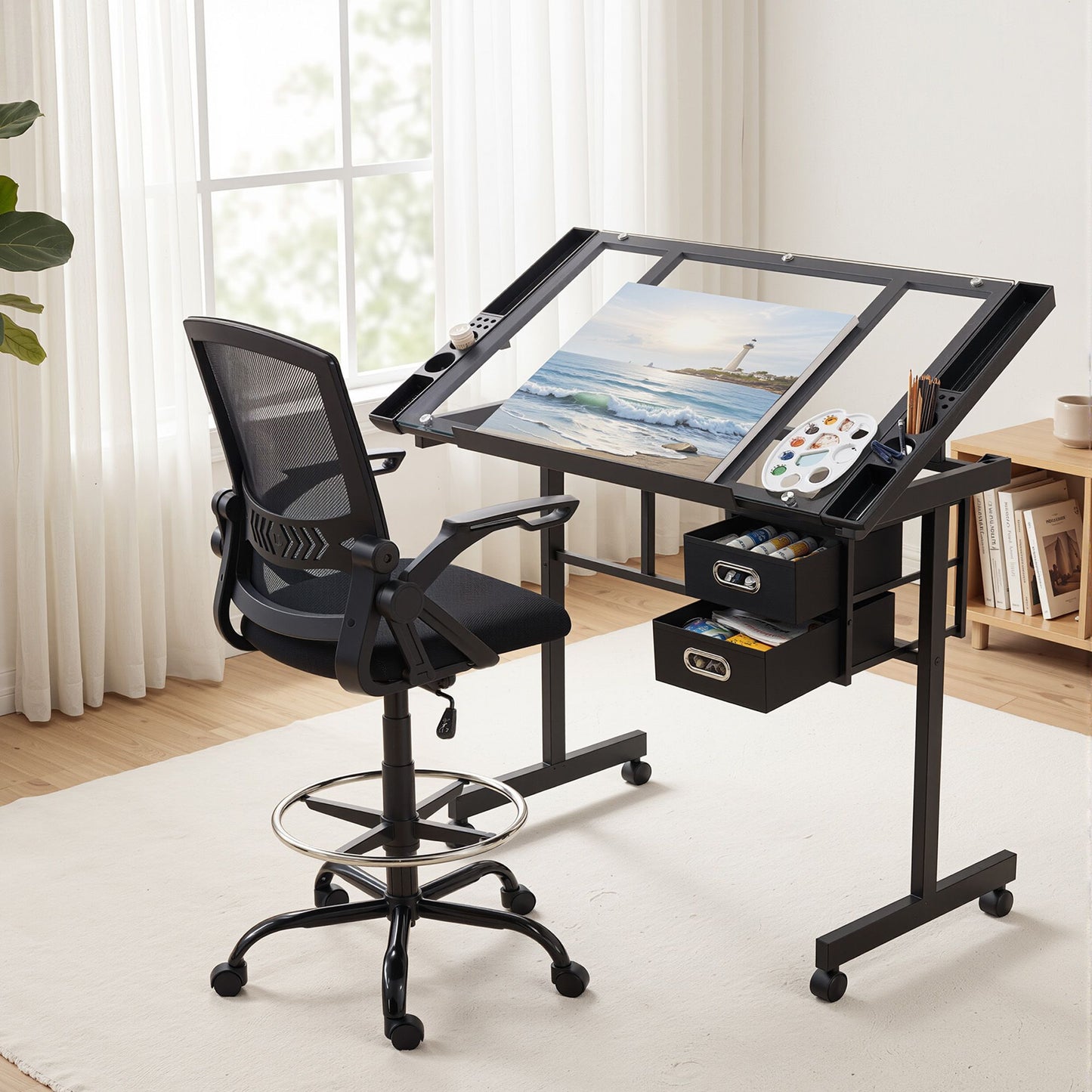 Artiss Drawing Table with Ergonomic Office Chair, Drafting Tables with Tempered Glass Desktop, Removable Drawers, Drafting Stool with Height Adjustable for Artwork Painting Studio