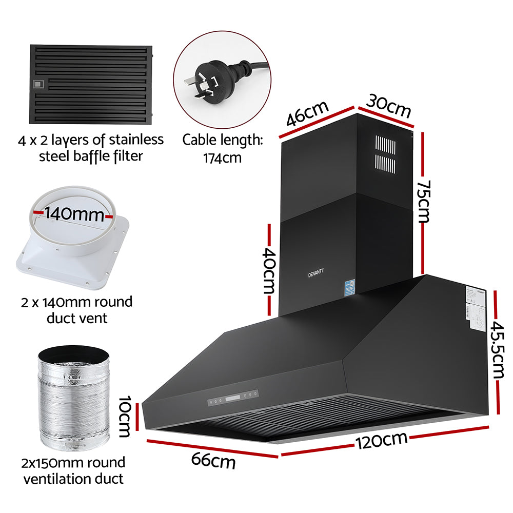Devanti 1200mm Commercial BBQ Range Hood Dual Motor W/ Remote Control Black