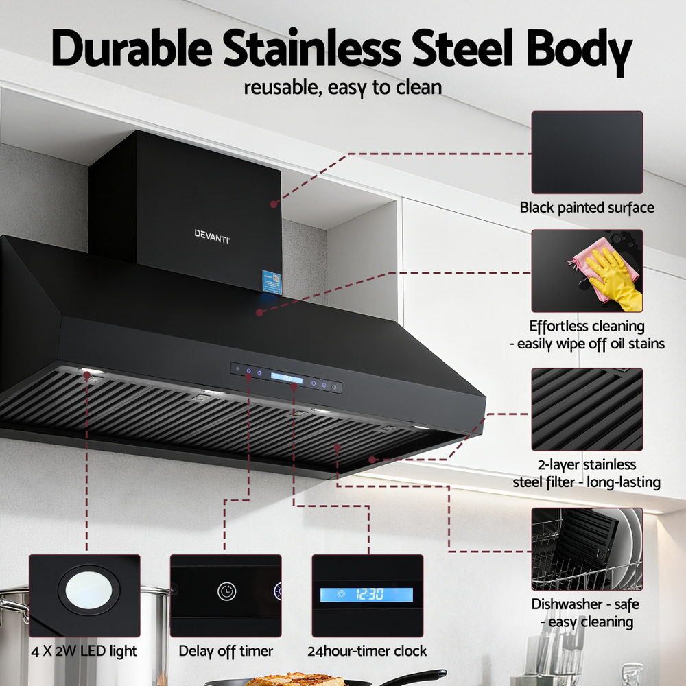 Devanti 1200mm Commercial BBQ Range Hood Dual Motor W/ Remote Control Black
