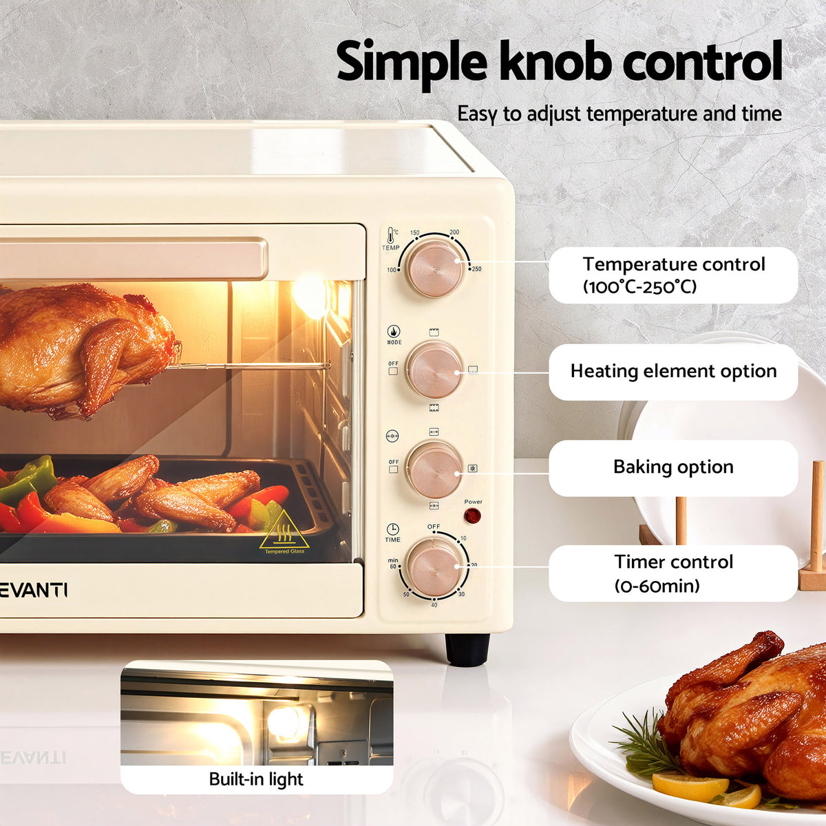 Devanti 60L Convection Oven Electric Fryer Ovens 2000W Cream