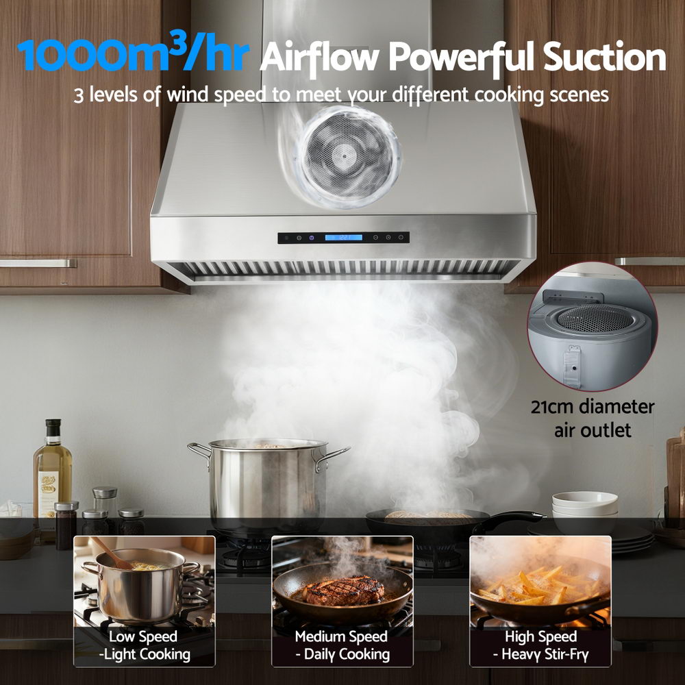 Devanti 900mm Range Hood 3-Speed Fan LED Display Remote Control