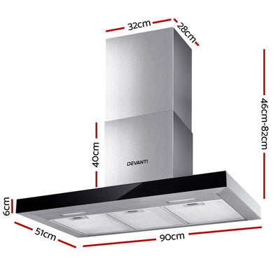 Devanti 900mm Range Hood 90cm Rangehood Glass Stainless Steel