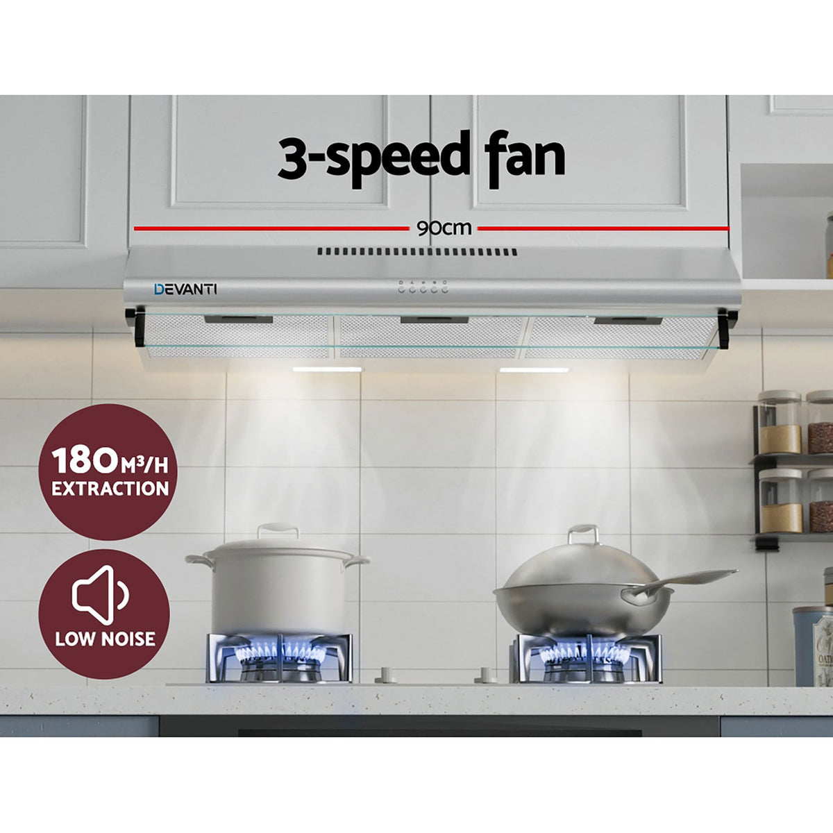 Devanti 900mm Range Hood 90cm Rangehoods Glass Visor Silver