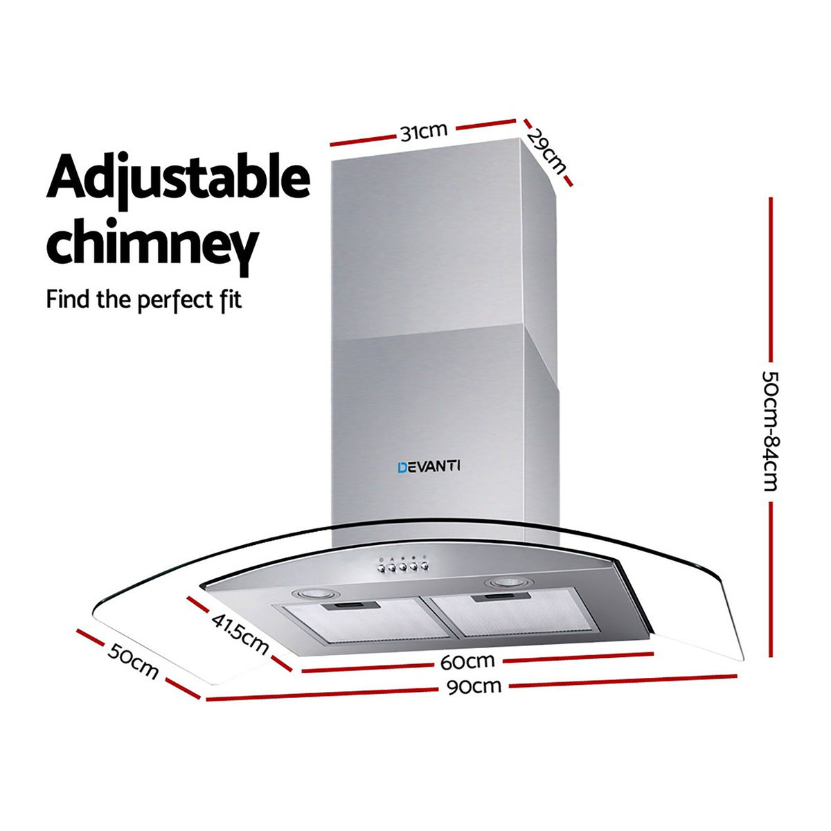 Devanti 90cm Range Hood 900mm Rangehoods Glass Canopy