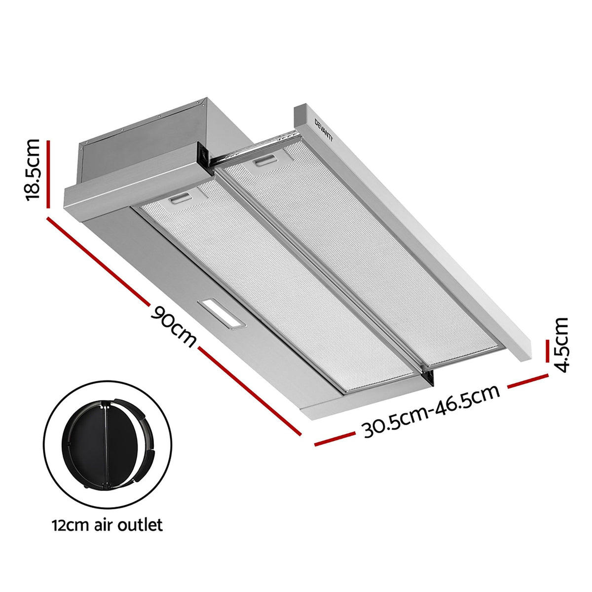 Devanti 90cm Range Hood 900mm Rangehoods Slide Out Stainless Steel