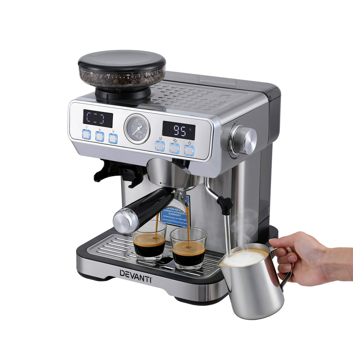 Devanti Coffee Machine Espresso Latte Maker with Grinder Milk Frother Steam Wand