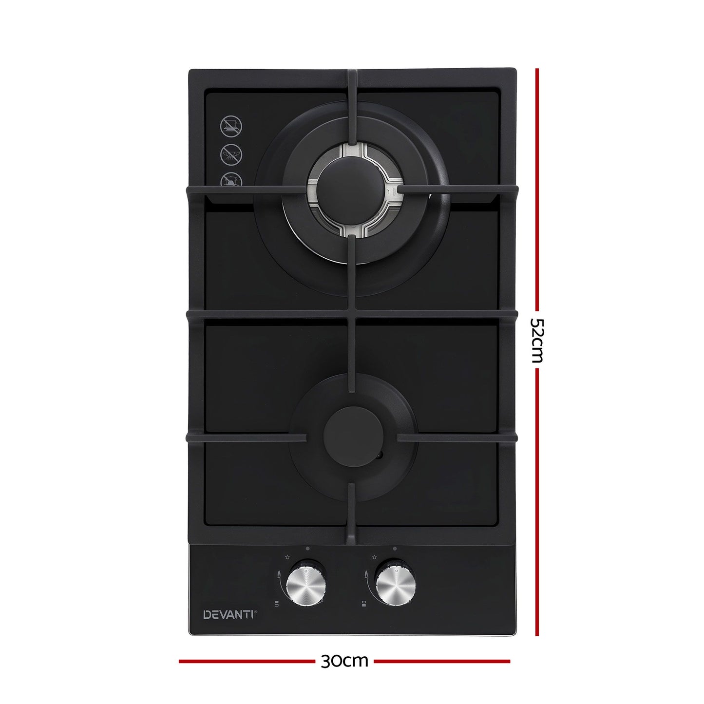 Devanti Gas Cooktop 30cm 2 Burner Built-in Stove Glass Cook Top NG LPG Wok Burner