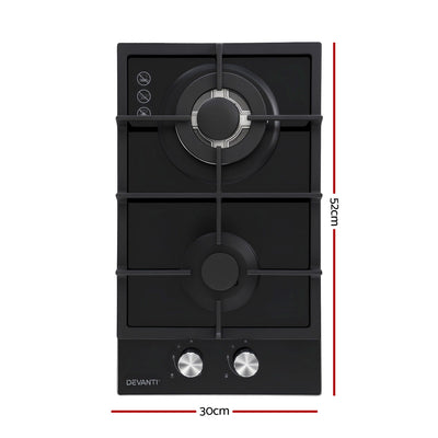Devanti Gas Cooktop 30cm 2 Burner Built-in Stove Glass Cook Top NG LPG Wok Burner