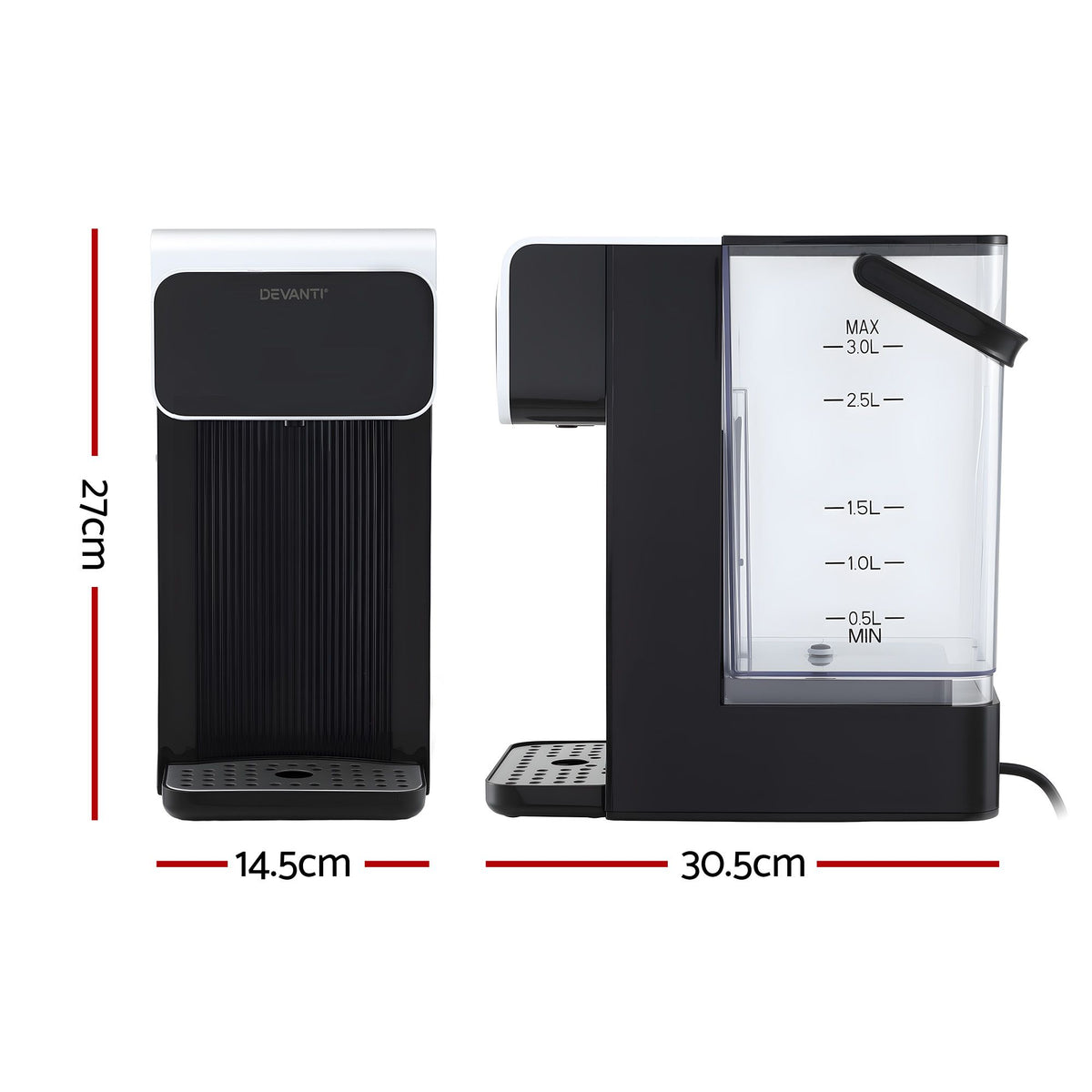 Devanti Instant Hot Water Dispenser 3L Heating Kettle 2400W Touch Control Water Black
