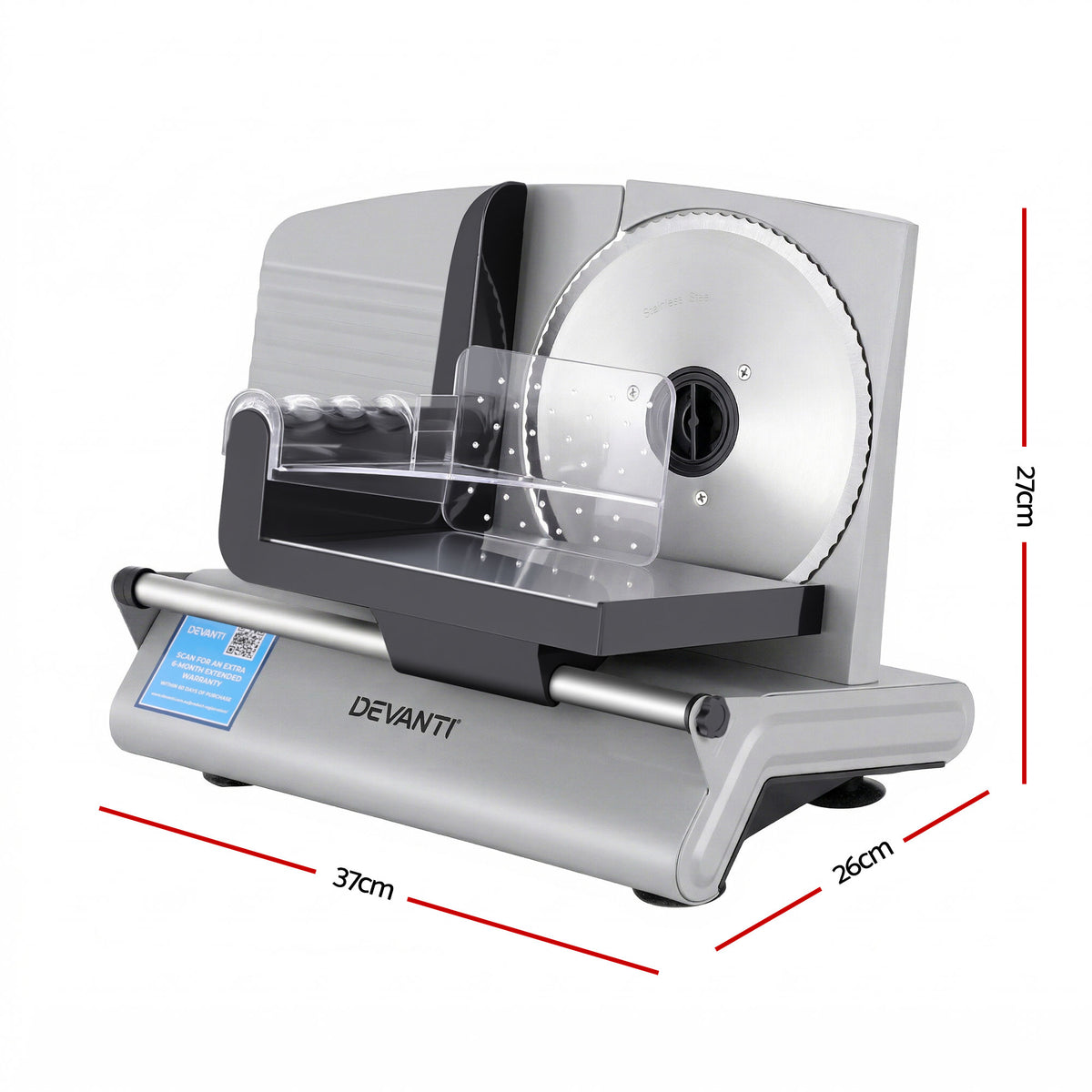 Devanti Meat Slicer Bread Vegetable, 200W Power 0-15mm Adjustable Easy Clean Stable Stainless Steel Blade Food Slicer for Kitchen Commercial, Silver
