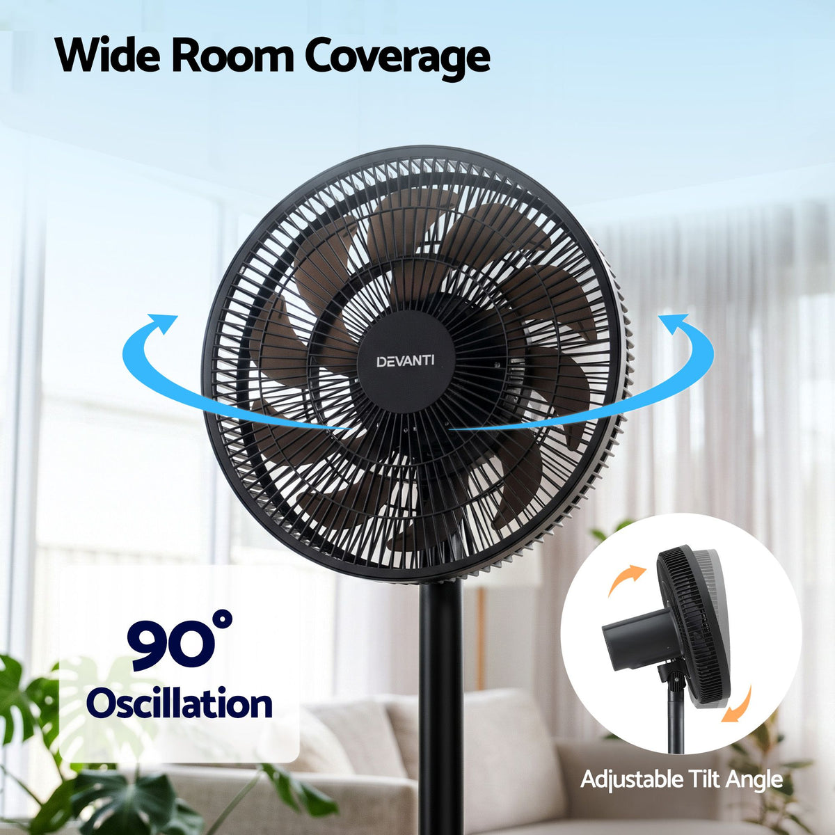 Devanti Pedestal Fan with Remote, 7 Speeds 3 Heights DC Motor, Black