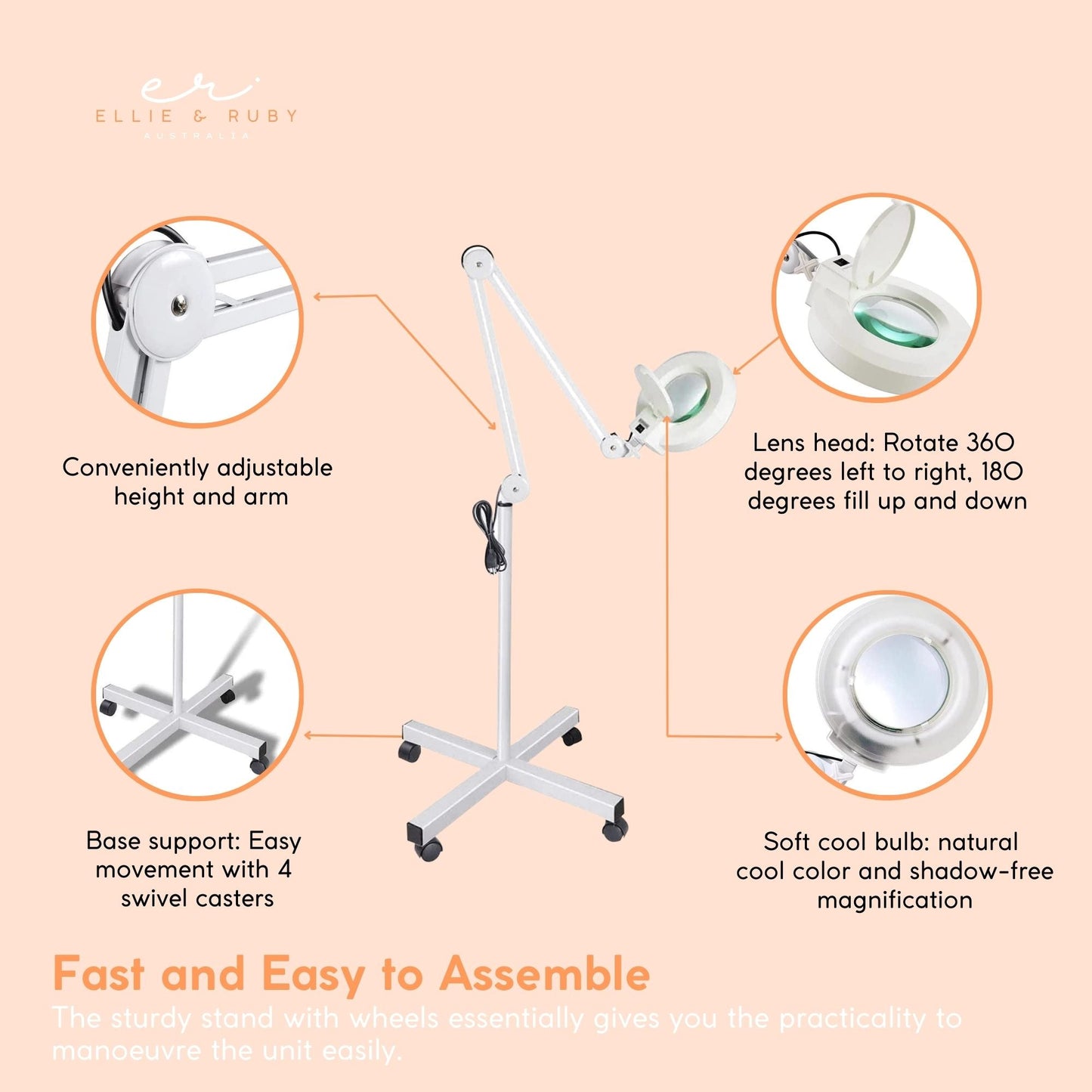 Ellie & Ruby 5x Magnifying Floor Lamp - Glass Lens Light and Wheeled Stand White