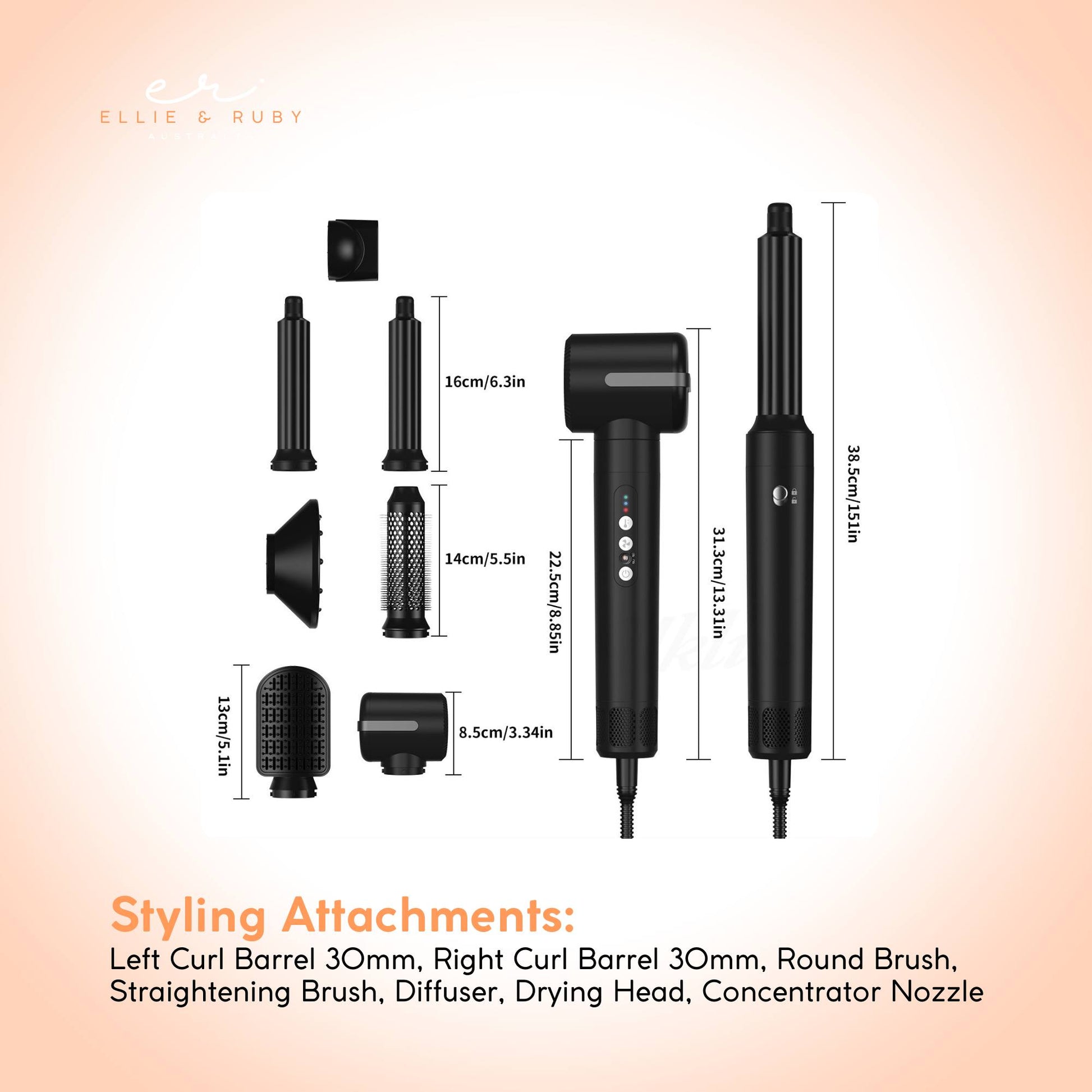 Ellie & Ruby 7-in-1 Hot Air Hair Styler 1400W Dryer Brush Curler Black