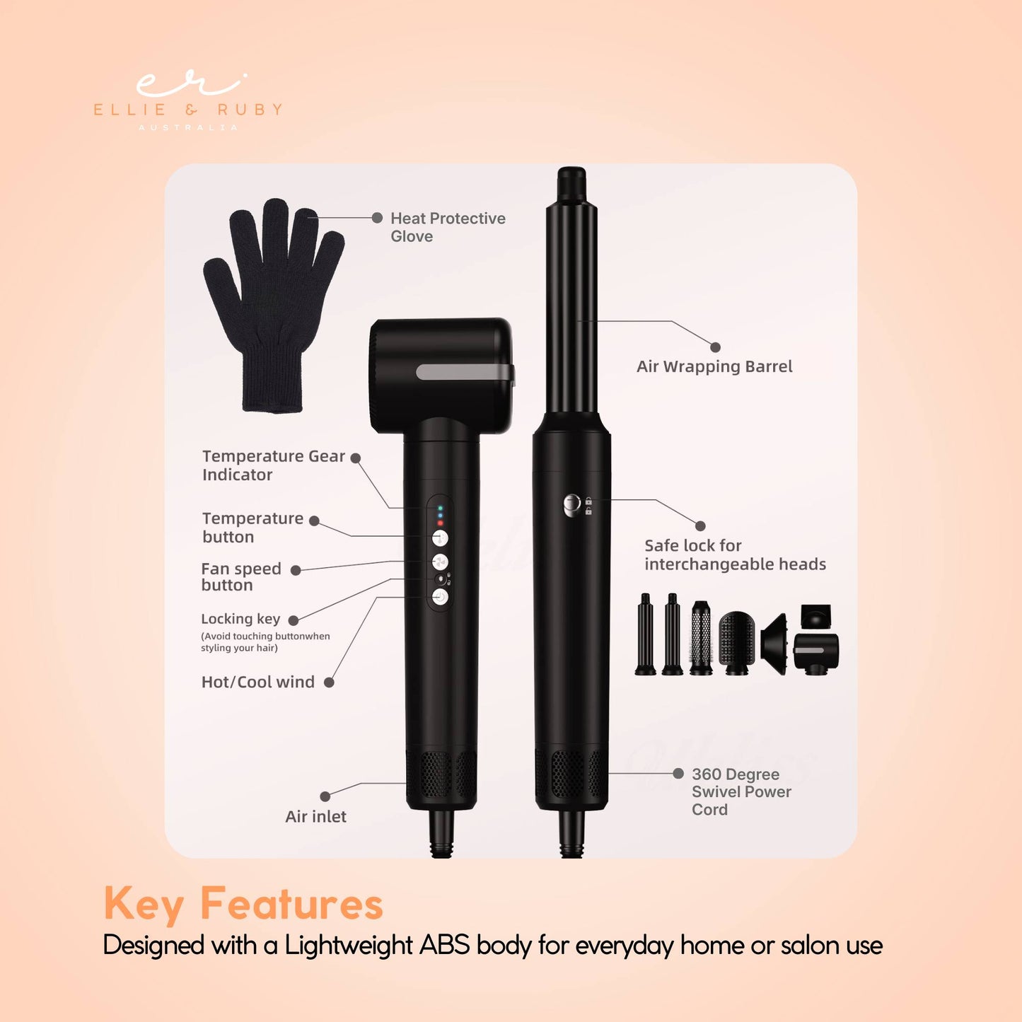 Ellie & Ruby 7-in-1 Hot Air Hair Styler 1400W Dryer Brush Curler Black