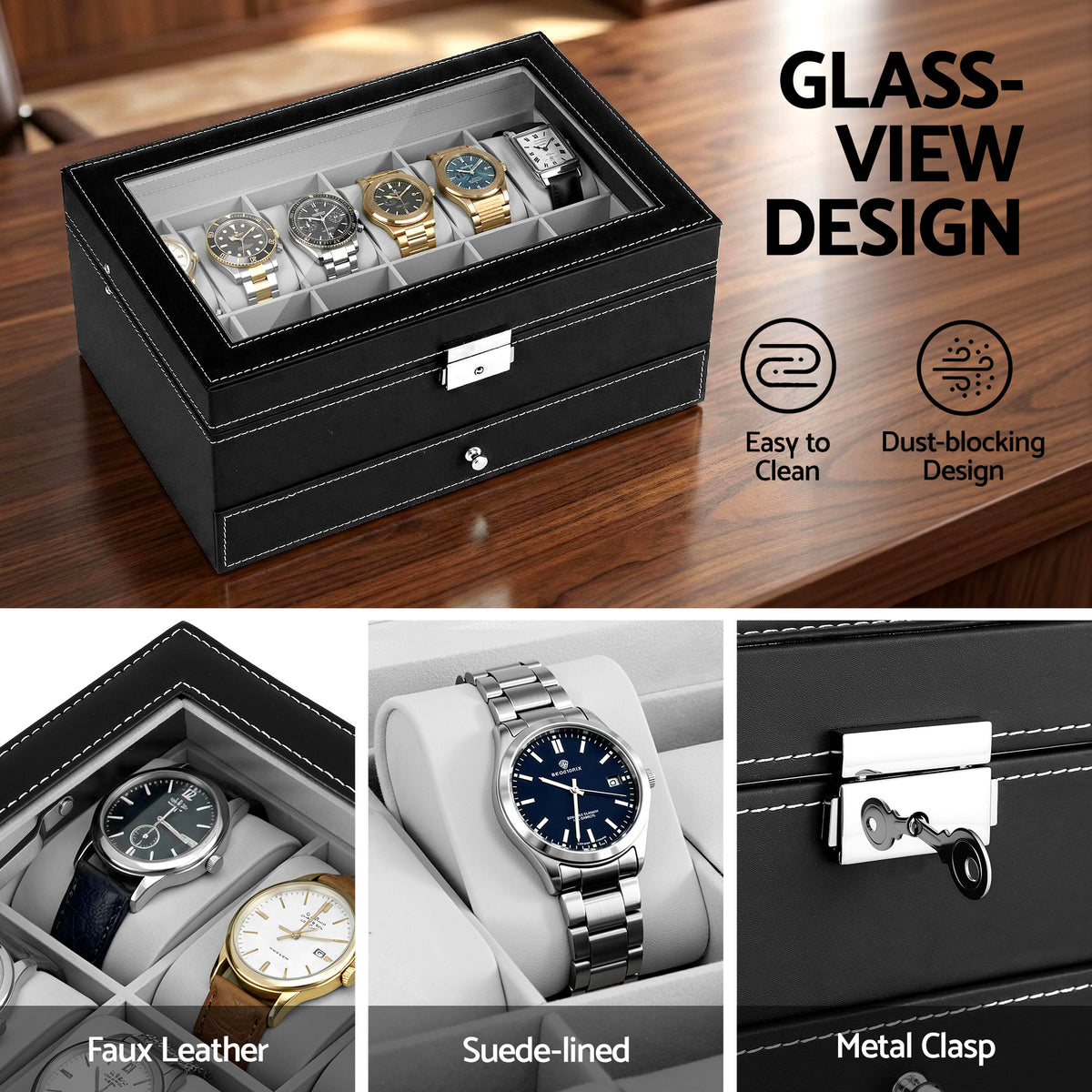 Embellir 12 Grids Watch Box Organizer Case Jewelry Display Storage Showcase