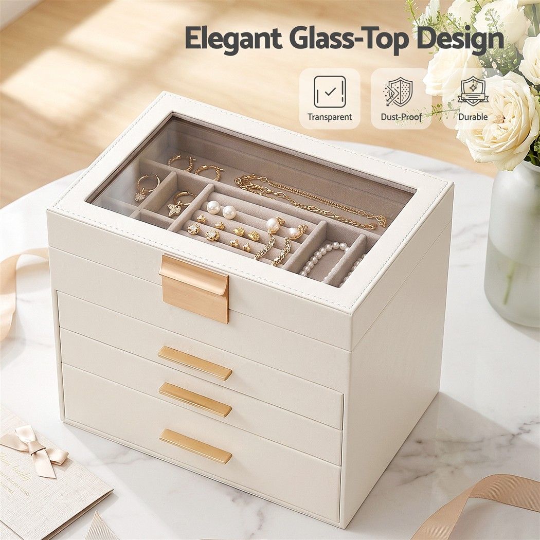 Embellir Jewellery Box 4 Layer Organiser Storage Case Glass Lid Drawers White