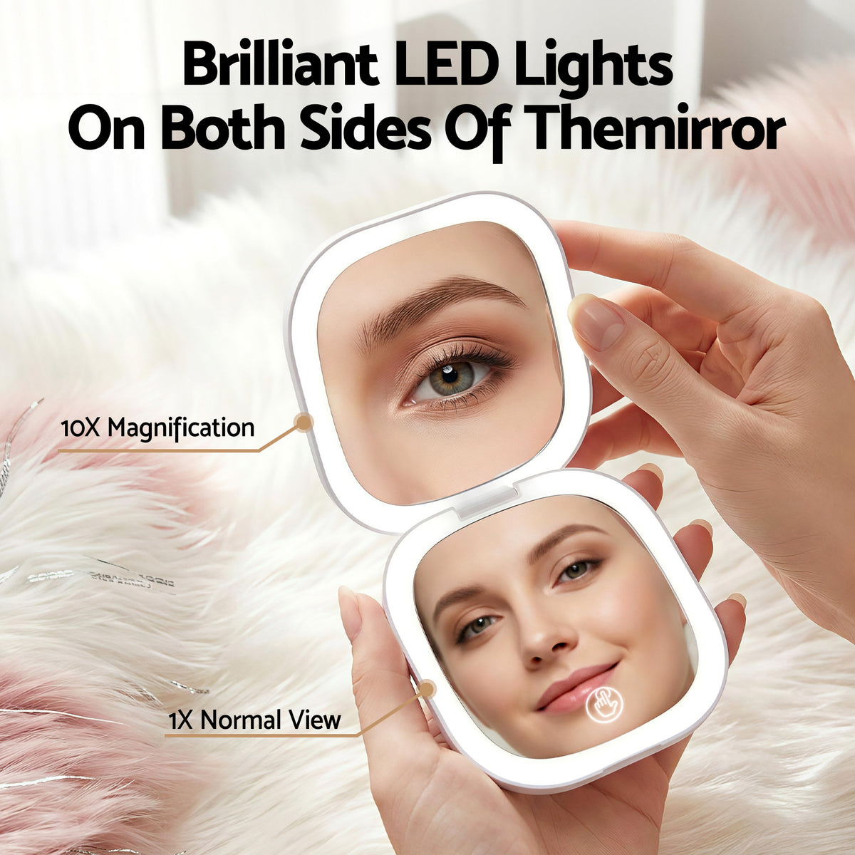 Embellir LED Compact Mirror Lighted Travel Makeup Mirror Pocket-Sized 1x 10x Magnification Square White
