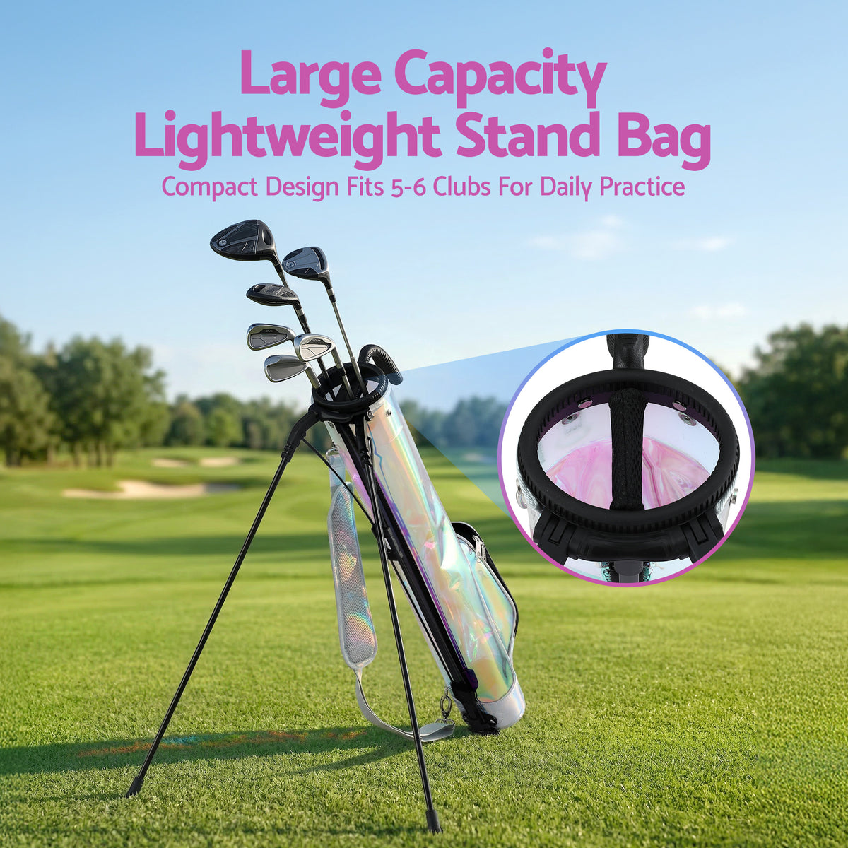 Everfit Golf Stand Bag 2-Way Divider Lightweight Carry Bag for 5-6 Clubs, Holographic