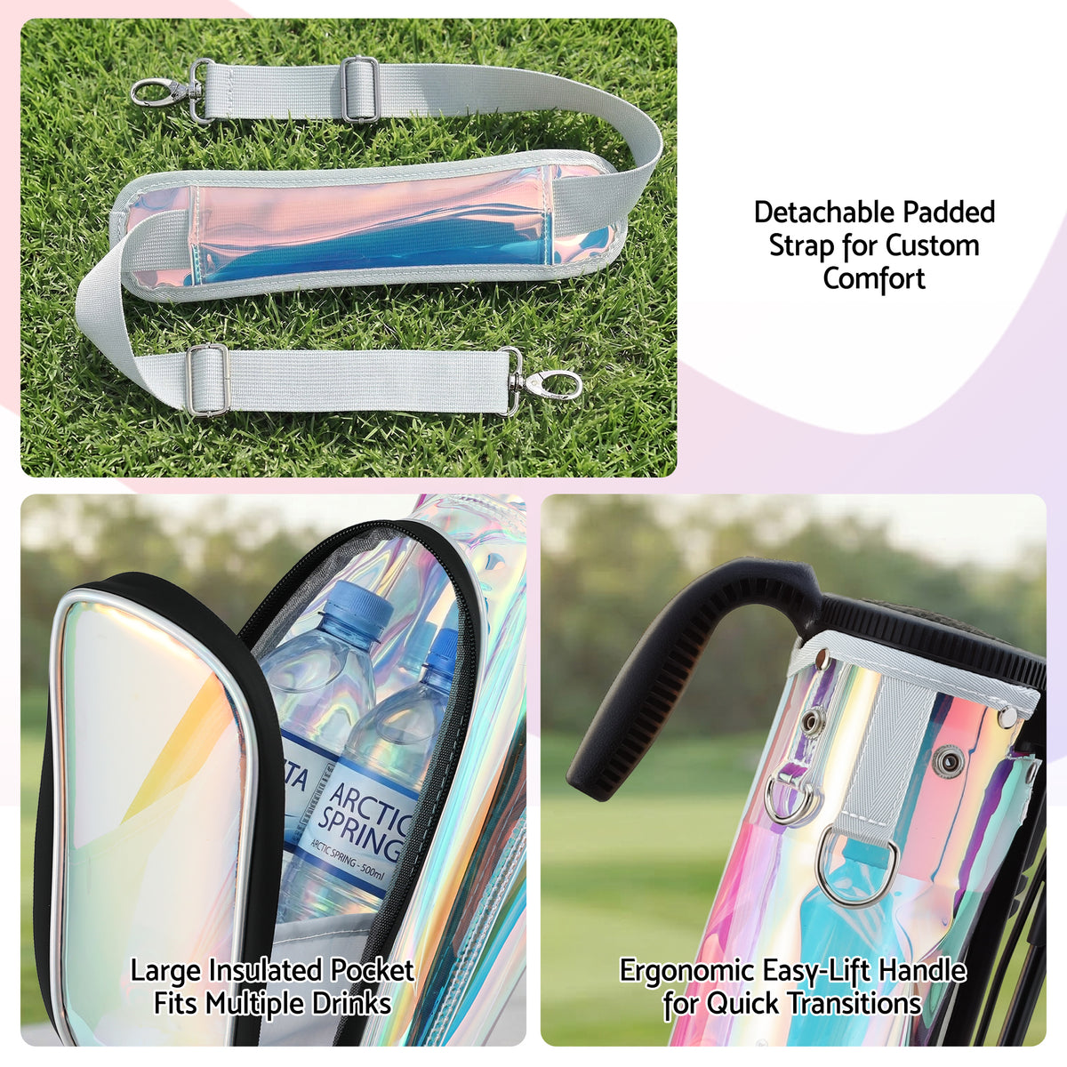 Everfit Golf Stand Bag 2-Way Divider Lightweight Carry Bag for 5-6 Clubs, Holographic