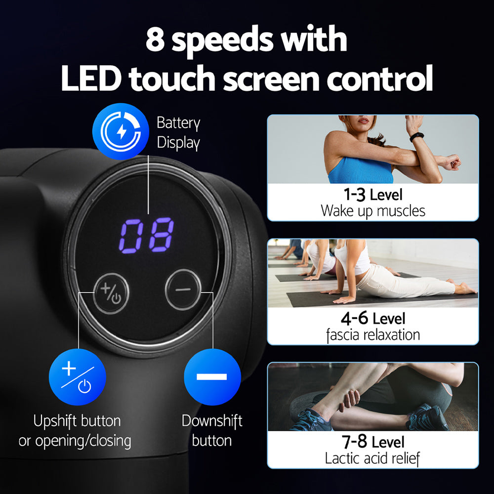 Everfit Massage Gun 8 Speed 4 Heads Vibration Muscle Massager Chargeable Black
