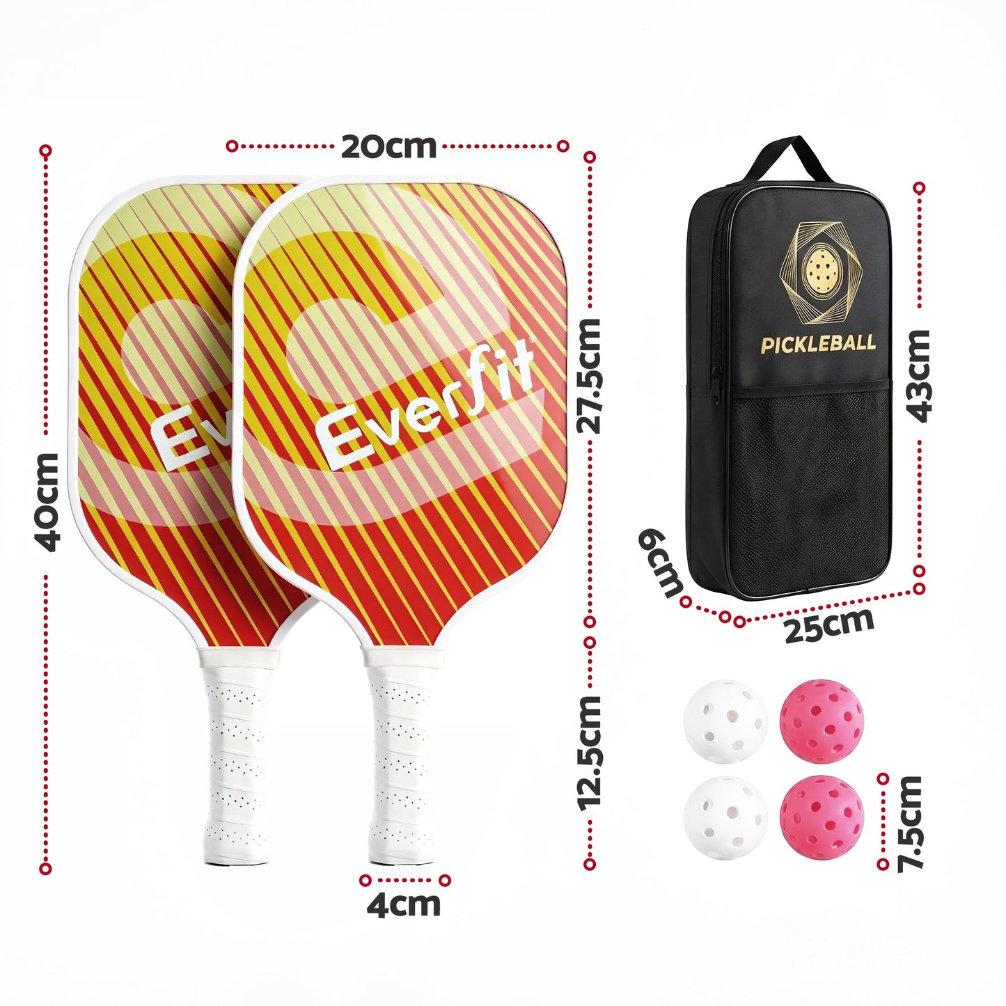 Everfit Pickleball Paddle Set Fibreglass Racquet Honeycomb Core With Bag Orange