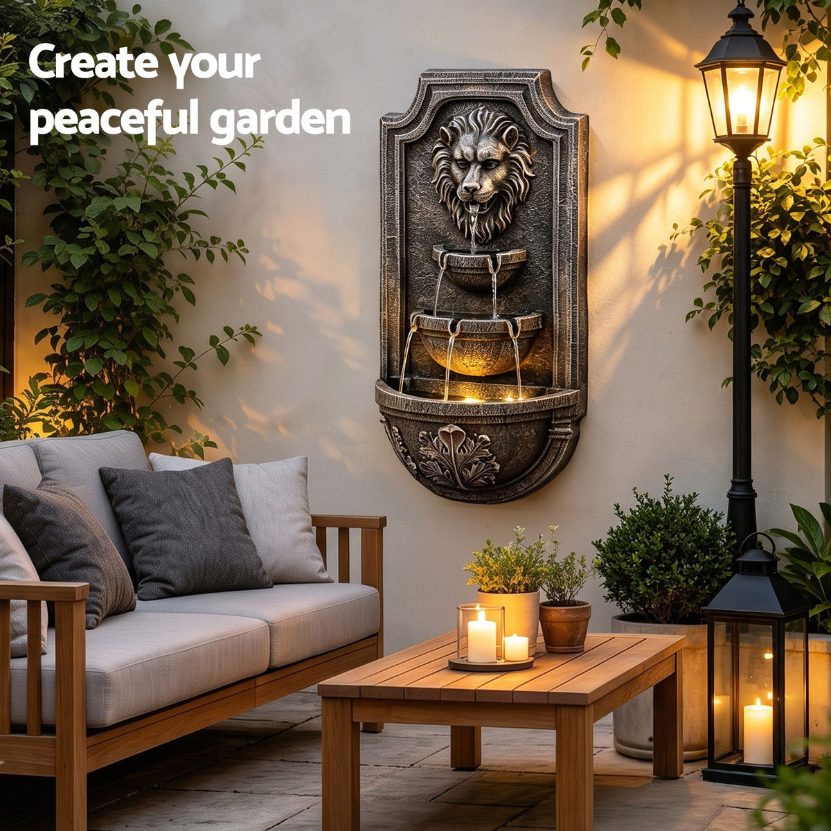 Gardeon Solar Fountain Water Feature Lion Head Wall Fountain 67cm Brown