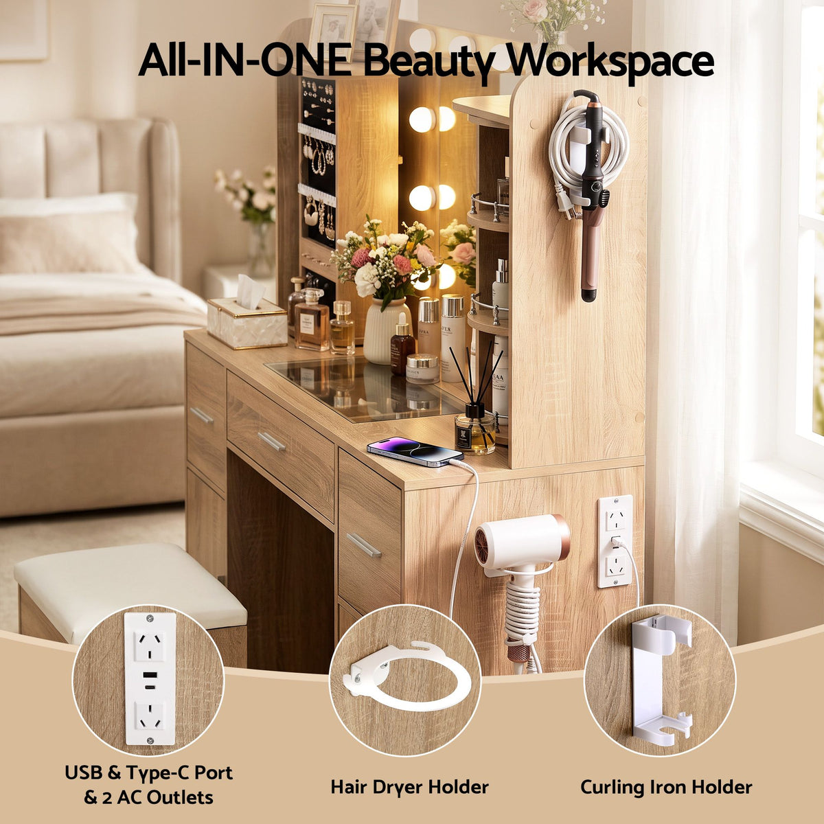 Artiss Dressing Table Vanity Desk LED Mirror Stool Set Charging Station Glass Top Rotating Shelf Wood