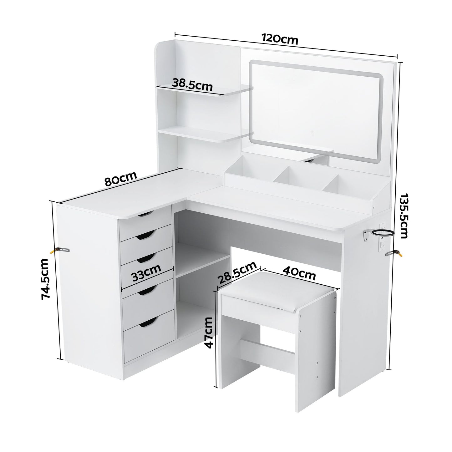 Artiss Dressing Table Corner Vanity Desk Set Stool LED Charging Station White