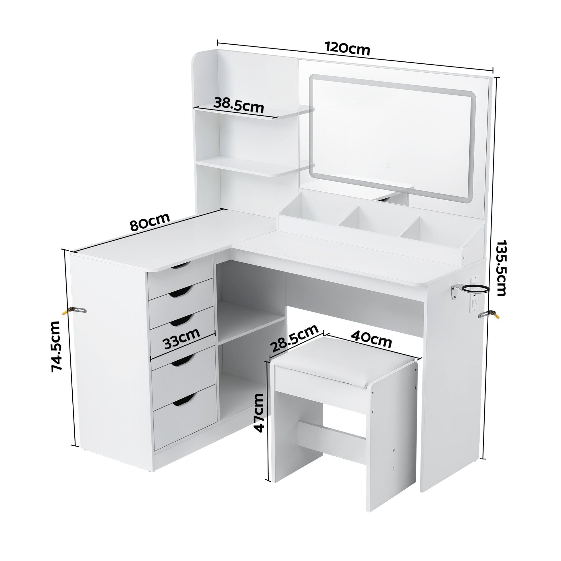 Artiss Dressing Table Corner Vanity Desk Set Stool LED Charging Station White